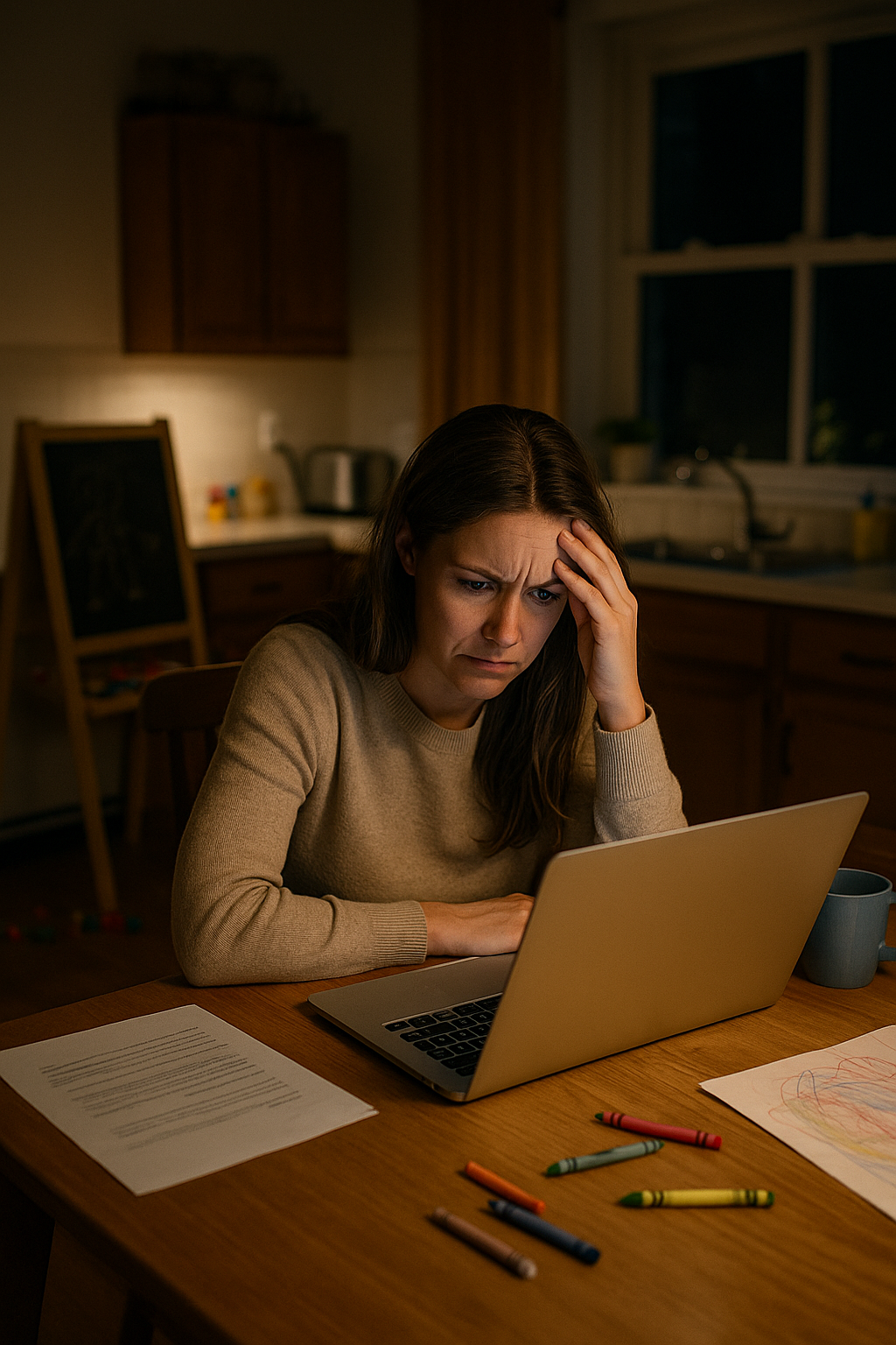 A lady sat at a kitchen table, it is nightime outside and she is sat working at her laptop, she isn't understanding what she is reading and it is causing stress. in the background there is evidence of children being in the house.